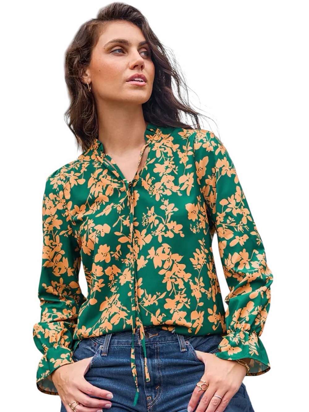 Cupshe Green & Orange Split Neck Poet Sleeve Blouse